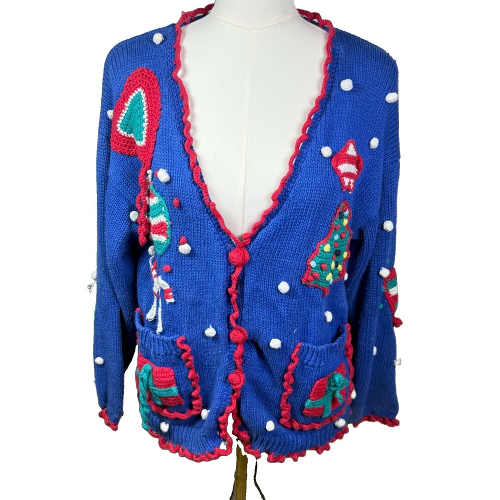 Vintage 90s Ugly Christmas Sweater Cardigan L Blue 3D Crochet Holiday Novelty